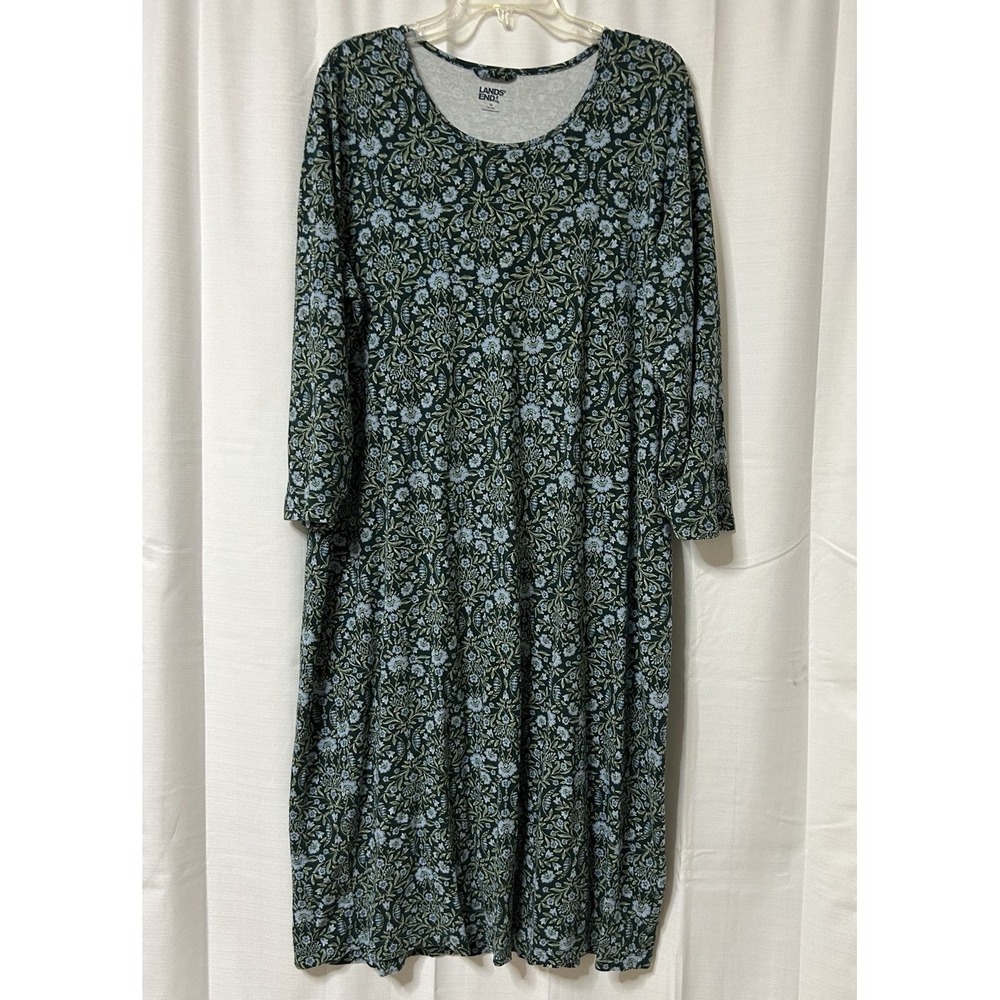 Lands End Women's Dress Green Floral  Long Sleeve Casual 1X Modest Plus Cotton